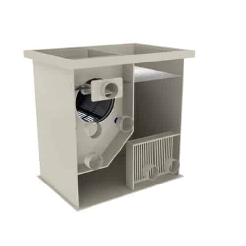 Internal view of Filtreau Combi-NEXT gravity-fed drum filter showing 120 micron drum screen, rinse pump and 350 litre moving bed biological chamber