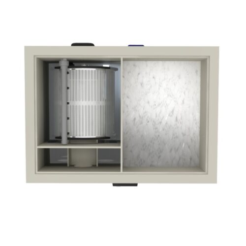 Top view of Filtreau Combi-NEXT gravity drum filter showing drum section, UV chamber and moving bed bio chamber configuration