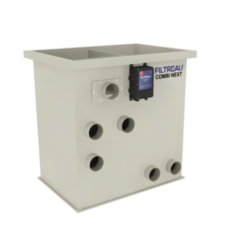 Filtreau Combi-NEXT gravity-fed drum filter with 40W UV-C, internal rinse pump and 350 litre moving bed bio chamber for koi ponds