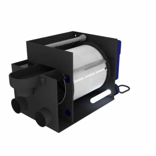 Internal view of Filtreau drum filter showing 70-micron stainless steel drum screen and high-pressure spray bar