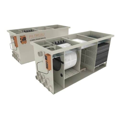 Front and rear view of Filtreau Excellent Combi Drum 50/65 XL Gravity Fed Inline showing 7 inlets and 3 outlets