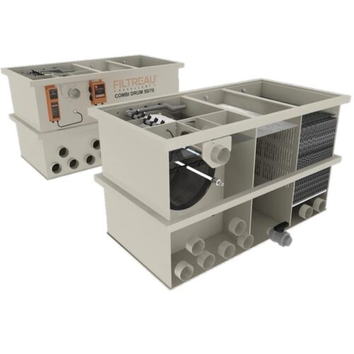 Front view and side cutaway of Filtreau Excellent Combi Drum 50/70 showing drum chamber and biological compartments