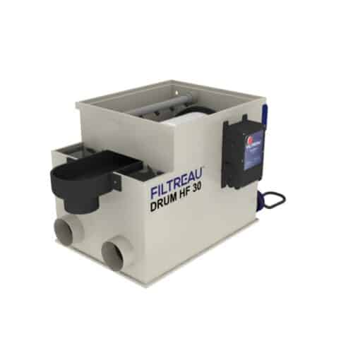 Filtreau HF30 gravity-fed drum filter with 60 micron stainless steel screen and NEW XL motor for koi ponds