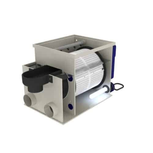Internal view of Filtreau HF30 gravity-fed drum filter showing stainless steel drum screen and spray bar cleaning system