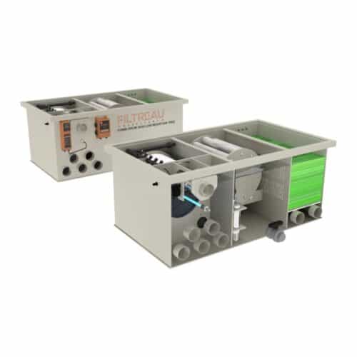 Front cutaway of Filtreau 30/50 Low Mountain Tree showing 70 micron drum, rotating Lotus Root biological drum and 80W UV