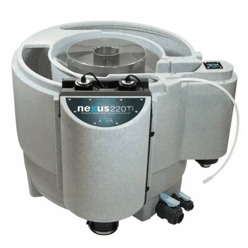Evolution Aqua Nexus 220 Titanium pond filter showing the mechanical and biological chambers with integrated Titanium enhanced UV units for superior koi pond water clarity.