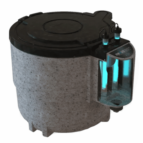 Cutaway style image of the Evolution Aqua Nexus 220 Titanium filter displaying the illuminated Titanium enhanced UV clarifying chamber and moving bed biological filtration system.