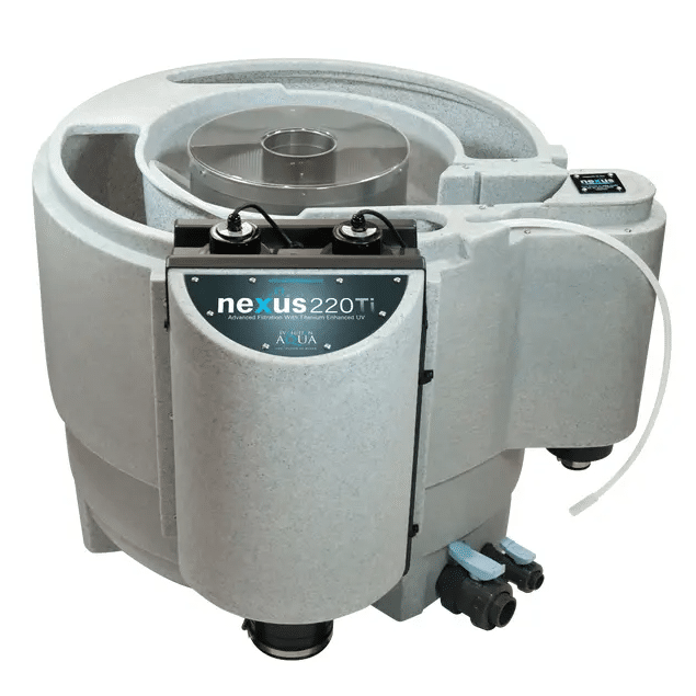 Evolution Aqua Nexus 220 Titanium pond filter showing the mechanical and biological chambers with integrated Titanium enhanced UV units for superior koi pond water clarity.