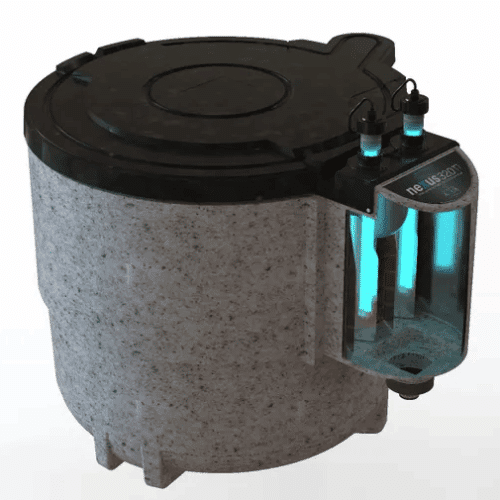 Cutaway style image of the Evolution Aqua Nexus 320 Titanium filter displaying the illuminated Titanium enhanced UV clarifying chamber and moving bed biological filtration system.