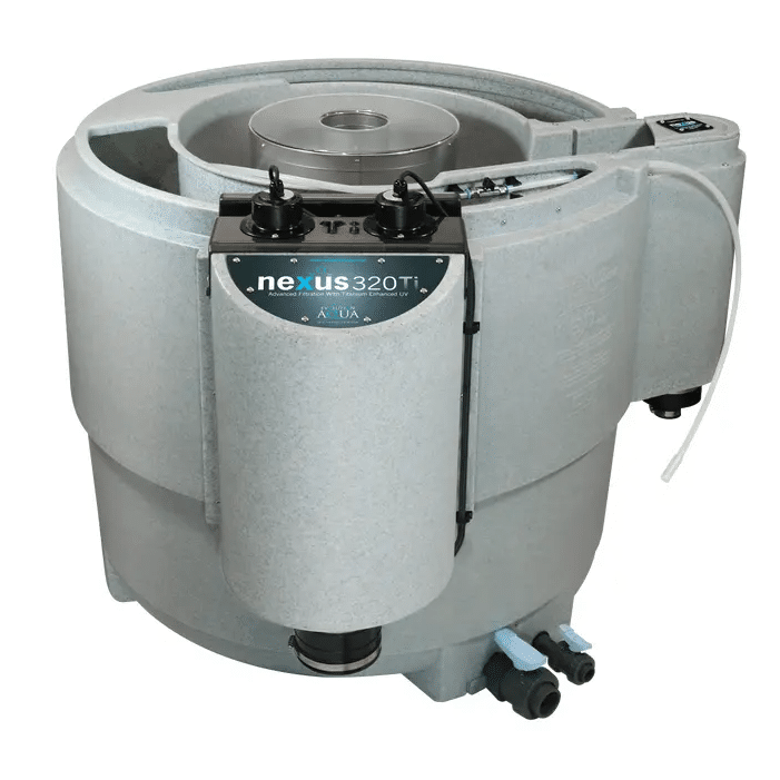 Evolution Aqua Nexus 320 Titanium pond filter showing the mechanical and biological chambers with integrated Titanium enhanced UV units for superior koi pond water clarity.