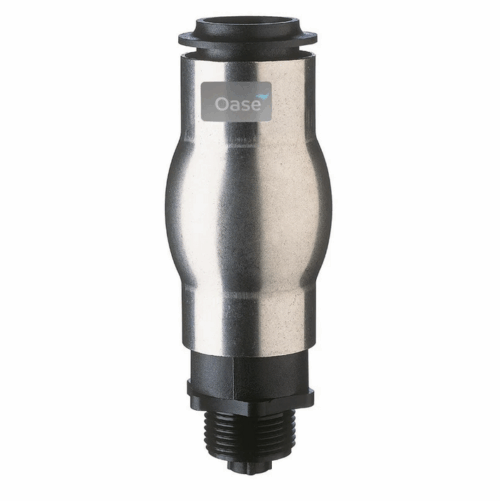 Close up of the Oase Schaumsprudler 35 10 E stainless steel adjustable fountain nozzle used for creating strong vertical water jets in ponds and water features.