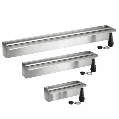 Oase Waterfall 30, 60 and 90 stainless steel water blade creating a smooth water curtain