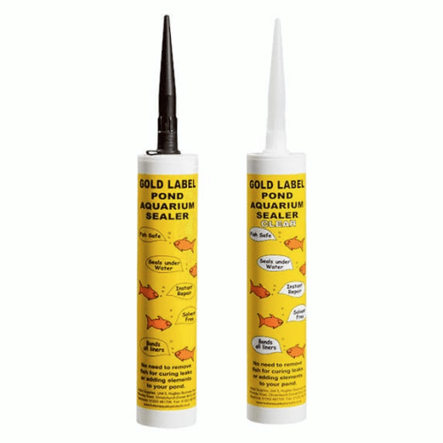 Gold Label Underwater Pond and Aquarium Sealer in black and clear cartridges, fish safe adhesive suitable for sealing and repairing ponds, aquariums and underwater fittings without draining water.