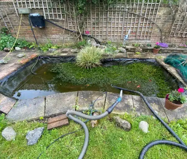 Neglected pond before cleaning with heavy debris in Ramsgate, Kent