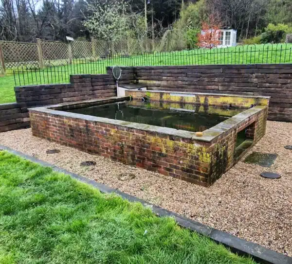 Overgrown pond before cleaning with heavy debris in Canterbury, Kent