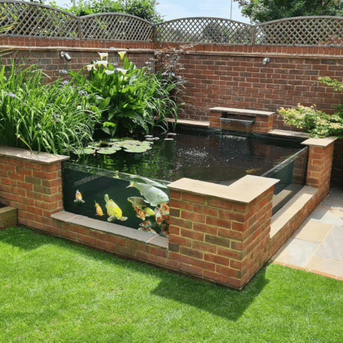 Brick built koi pond with a clear corner glass viewing window showing koi fish, surrounded by planting and natural stone paving, demonstrating a high quality pond window installation.