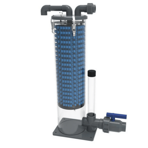 Aquaforte Tornado III protein skimmer removing dissolved organic waste and surface foam from a koi pond system