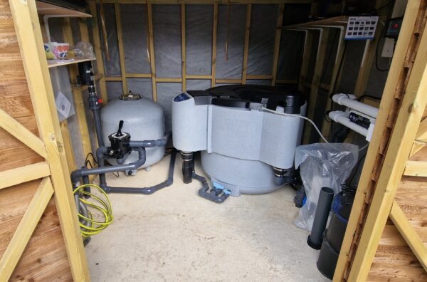 Evolution Aqua Nexus 320 and Advanced 30 inch bead filter inside koi pond filter shed in Eltham London
