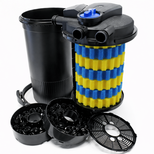 Internal view of PondXpert SpinClean Auto pond filter showing blue and yellow foam media, biological media baskets, and filter housing components