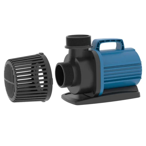 AquaForte DM E pond pump with protective cage showing compact design and debris handling intake