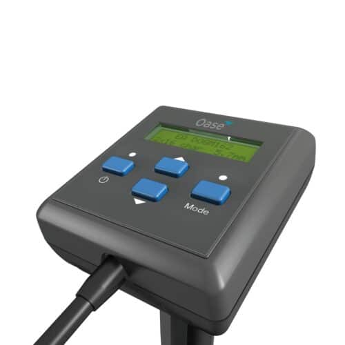 Close up of Oase Eco Pump Control screen showing power consumption and pump speed