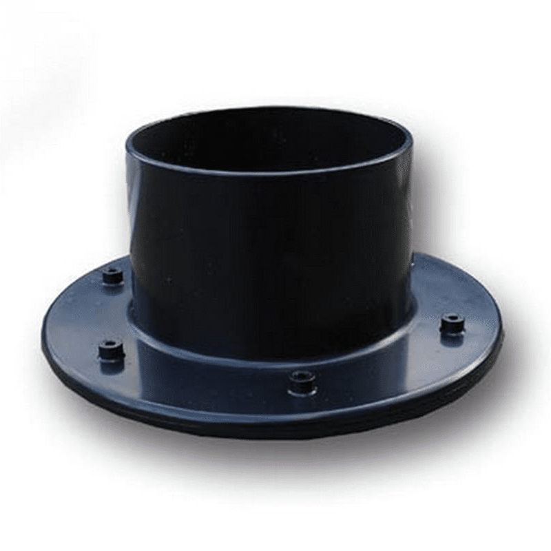 Black waste flanged tank connector for pond liner and filtration pipe installation