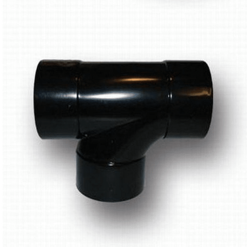 Black waste PVC tee fitting for solvent weld pipe branching and flow splitting