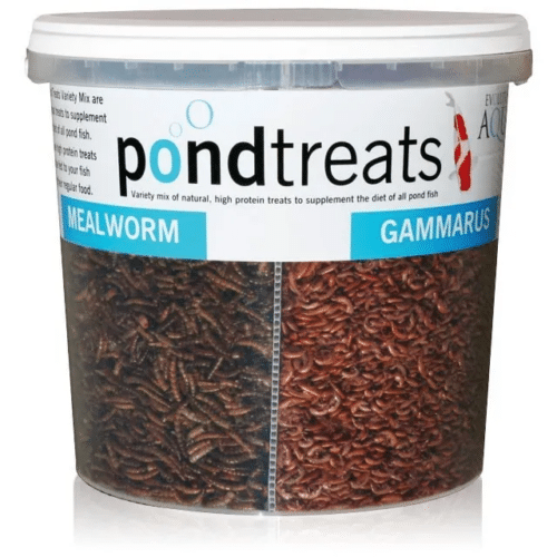 EA Pond Treats natural high protein treats for koi and pond fish with mealworm, shrimp, silkworm, and gammarus