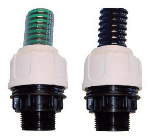 Flexible hose compression fitting with rubber seal for pond and filtration systems