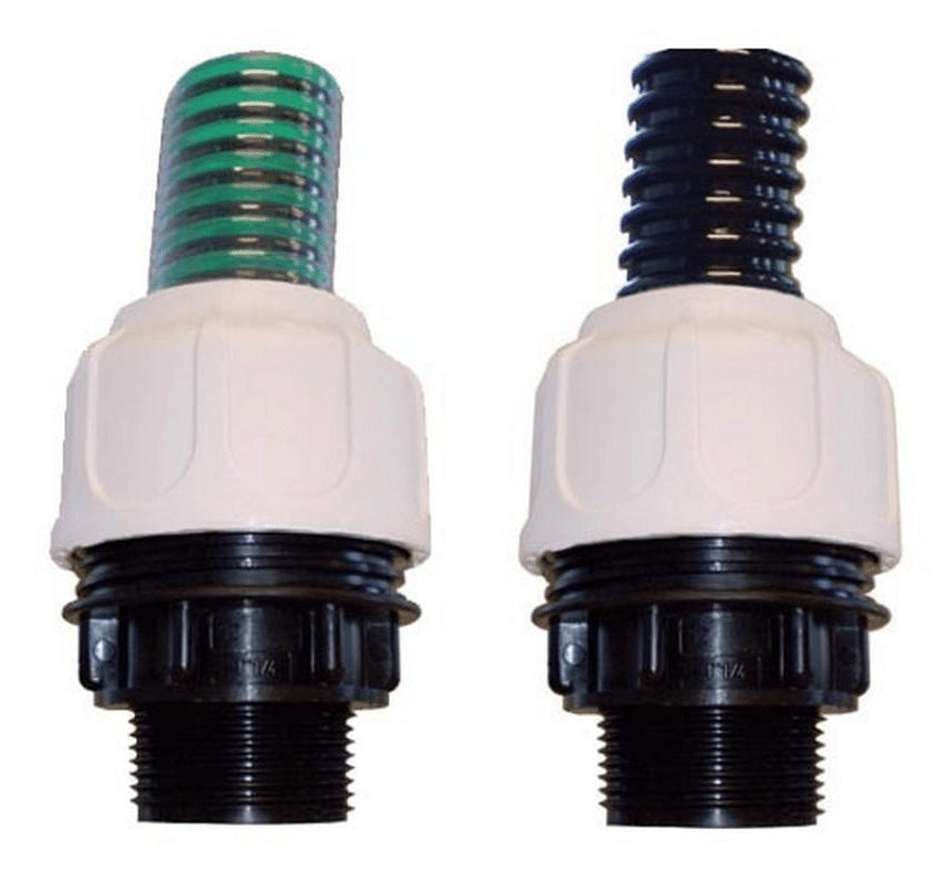 Flexible hose compression fitting with rubber seal for pond and filtration systems