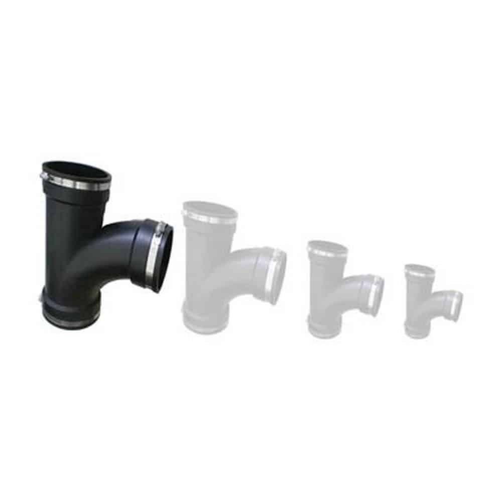 Flexible rubber tee connector with stainless steel clamps for drainage and waste pipe branching