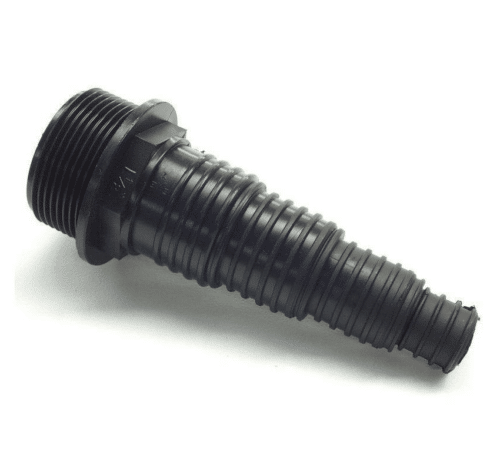 Threaded black stepped hose tail fitting for flexible pond pipe connections