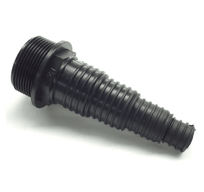 Threaded black stepped hose tail fitting for flexible pond pipe connections