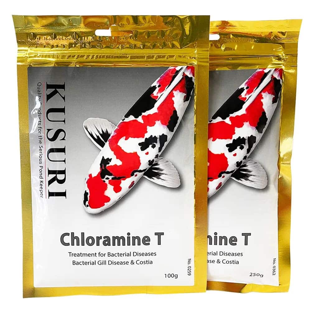 Kusuri Chloramine T powdered pond treatment for bacterial and parasite control in koi ponds