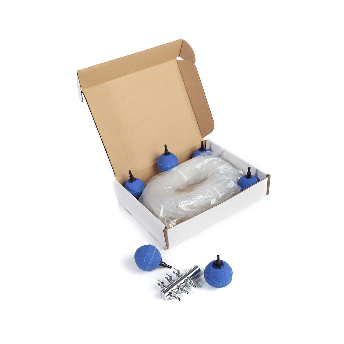 Air Pump Accessory Kit with ceramic airstones, silicone airline, and stainless steel 6-way manifold for ponds