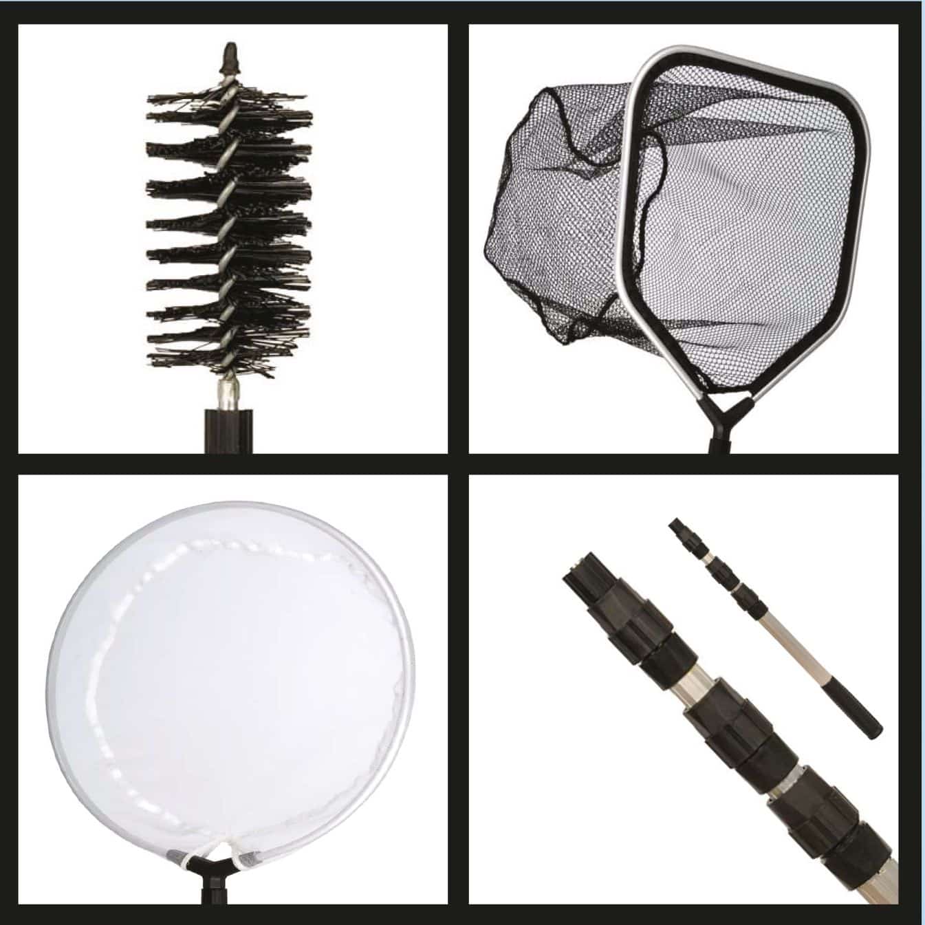 Aqua Source 4 in 1 Net Kit for koi pond maintenance with telescopic handle, skimmer, fish net, and algae brush