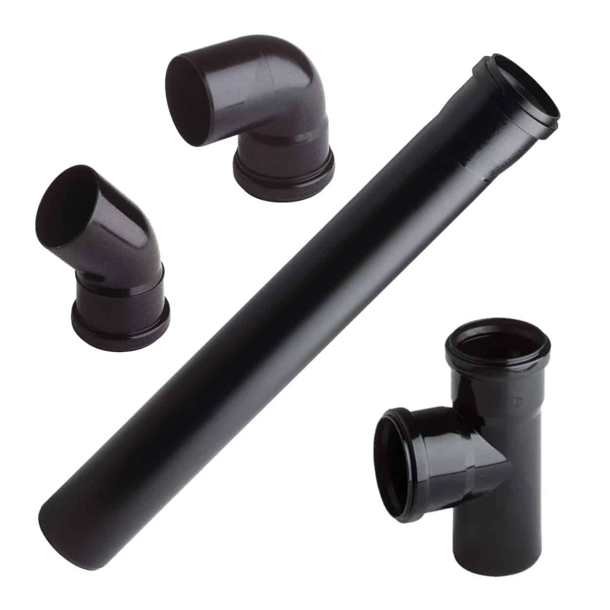 Oase DN75 filter discharge pipework showing 48cm and 100cm straight pipes, a 45 degree bend and a 90 degree bend
