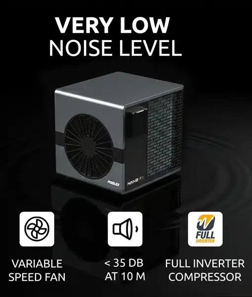 Compact Poolex Nano FI heat pump providing quiet heating for an above-ground swimming pool