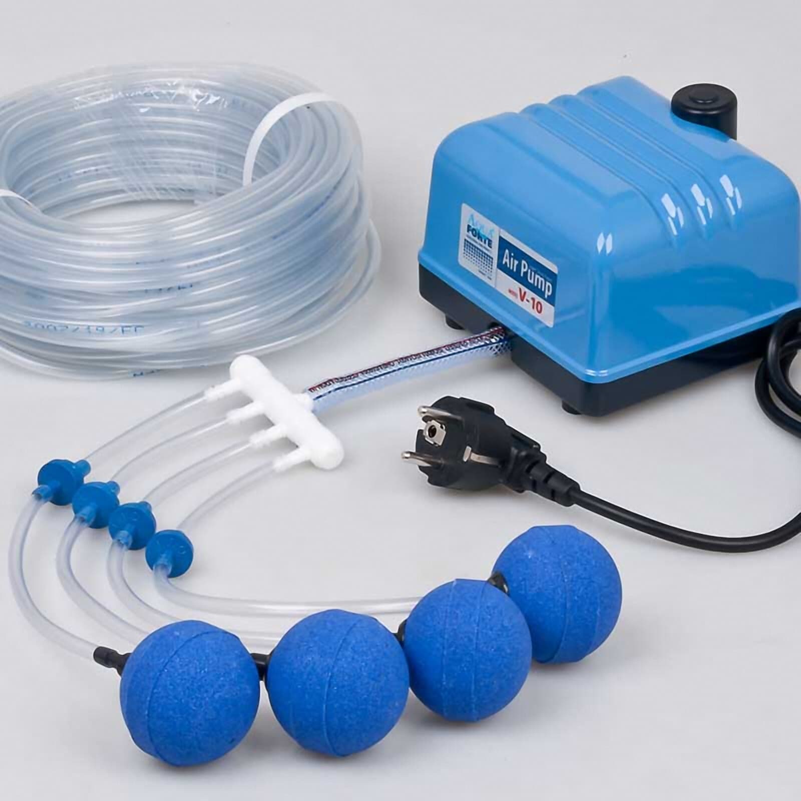 AquaForte Flow V-10 complete pond air pump set with airline, manifold and four air stones