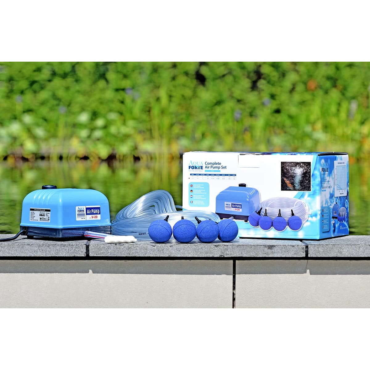 AquaForte Flow V-20 complete pond air pump set with airline, manifold and four air stones