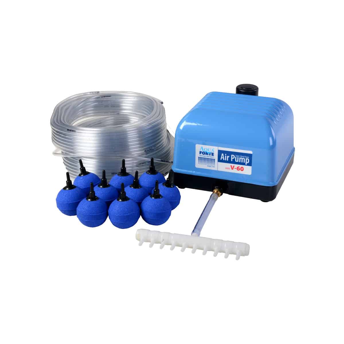 AquaForte Flow V-60 complete pond air pump set with airline, manifold and ten air stones