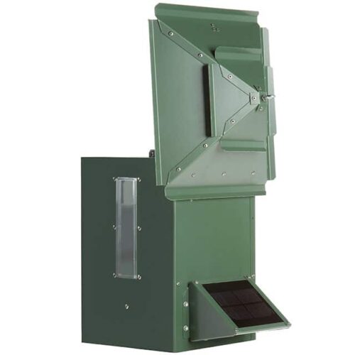 Green Koi Café automatic feeder shown with optional solar panel