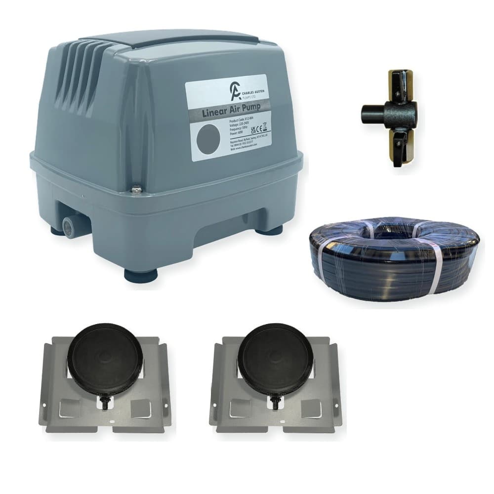 Charles Austen ET120 Twin-Zone Large Pond Aeration Kit with 2 x DSW1 single-disc diffuser stations, manifold and weighted airline