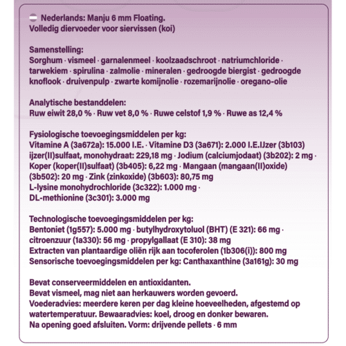 KiGen Manju 6 mm floating manufacturer label showing composition, analysis and additives