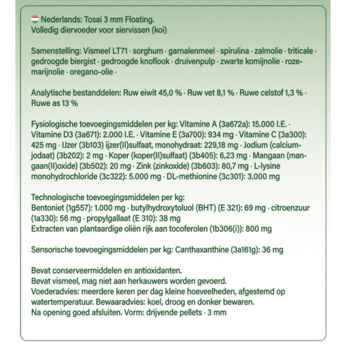 KiGen Tosai 3 mm floating manufacturer label showing composition, analysis and additives