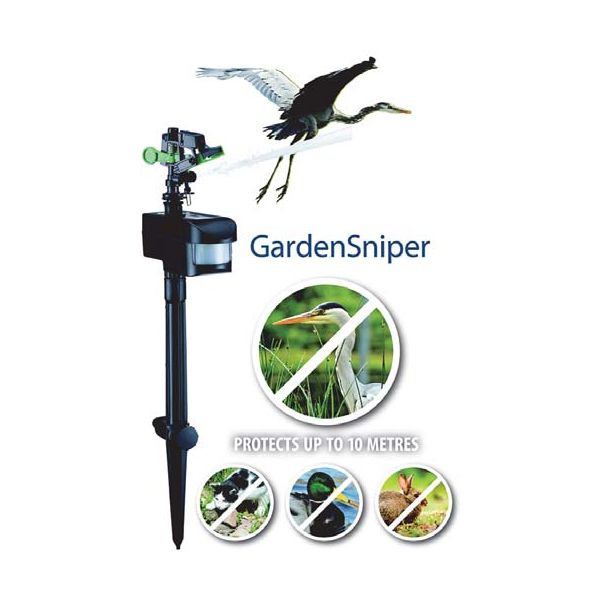 AquaForte Garden Sniper sprinkler and sensor on ground stake, supplier illustration