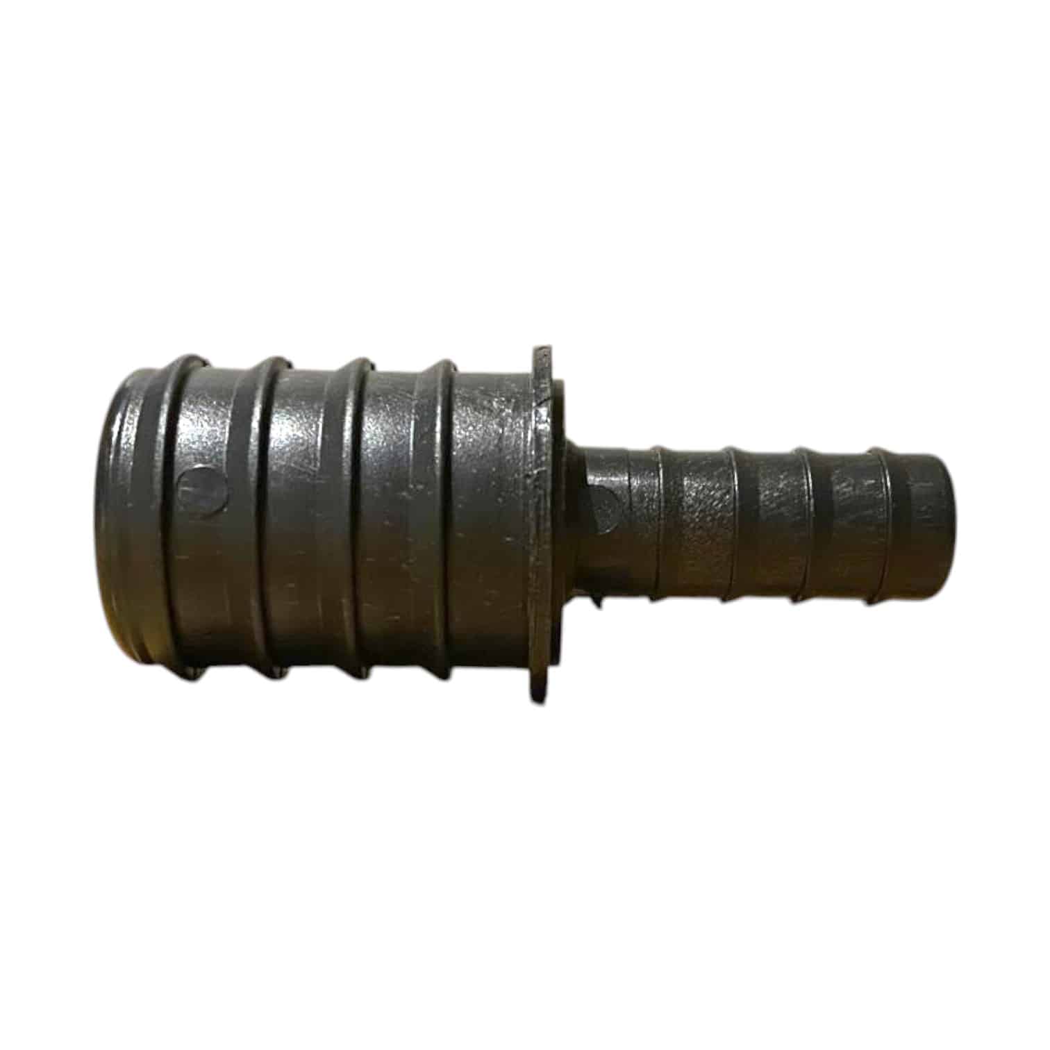 Black reducing pond hosetail with a 1 inch connection and a half inch connection