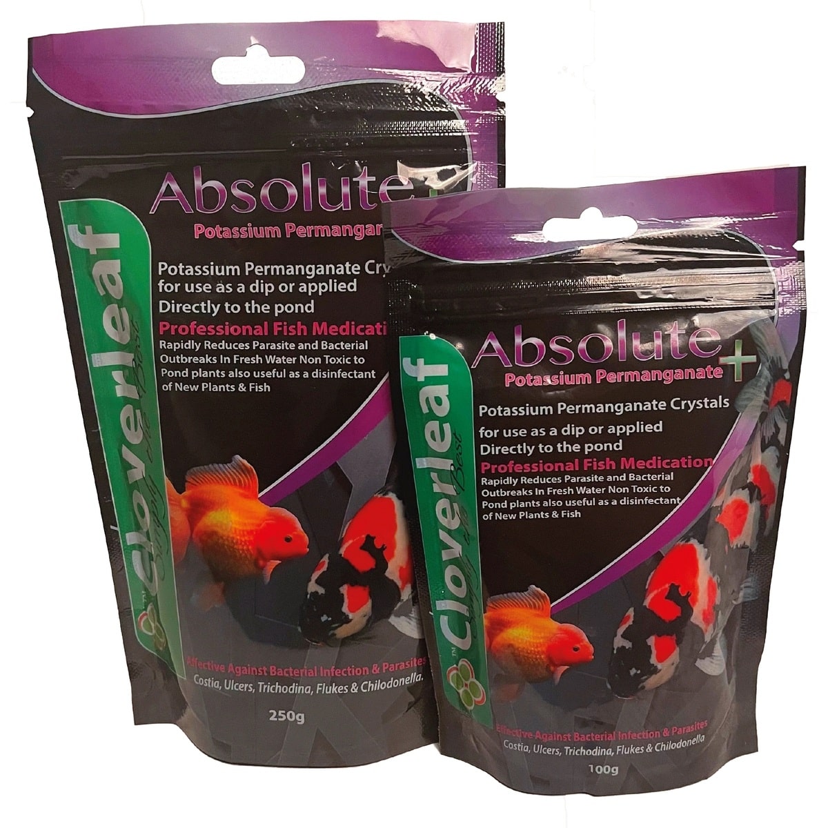 Cloverleaf Absolute Potassium Permanganate Plus 100g and 250g packs