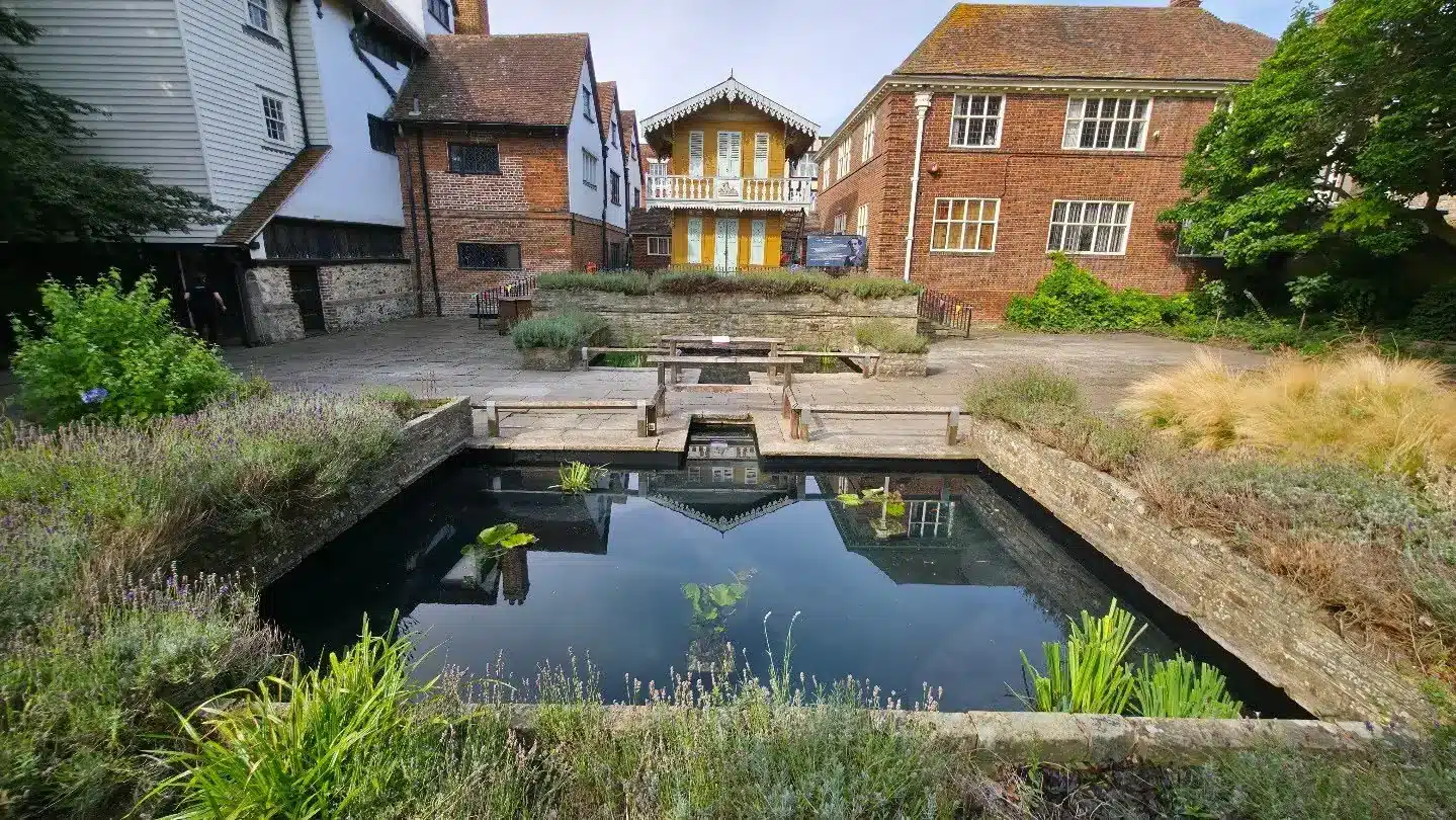 Refilled pond at Eastgate House in Rochester after renovation