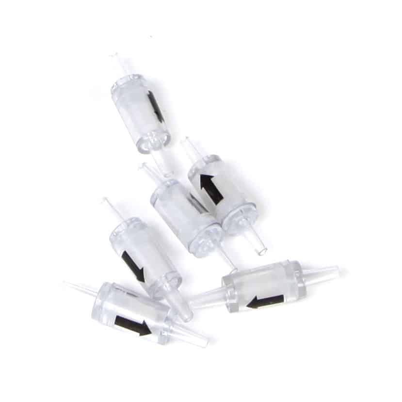 Five clear Hi-Flow 4mm airline anti-syphon non-return valves with black airflow arrows